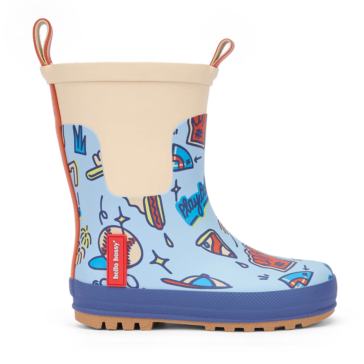 Botas de agua infantiles azules con estampado deportivo beige y detalles rojos Hello Hossy