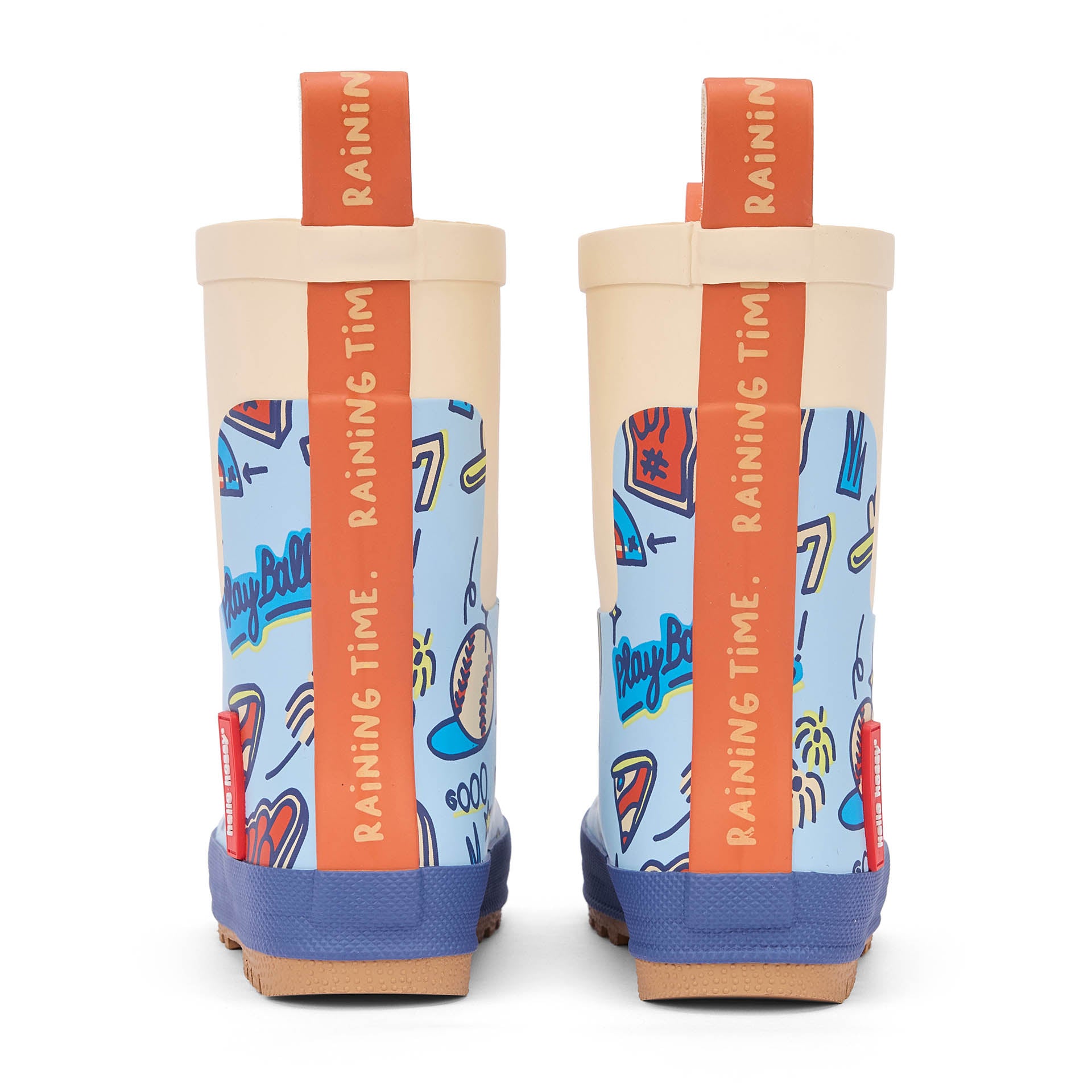 Botas de agua infantiles azules con estampado deportivo, detalles naranjas y suela antideslizante Hello Hossy