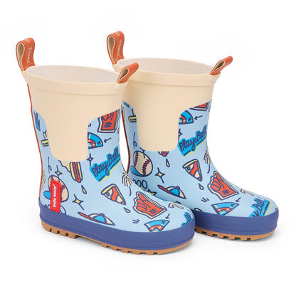 Botas de agua infantiles azules con estampados de deporte, baseball y pizza Hello Hossy