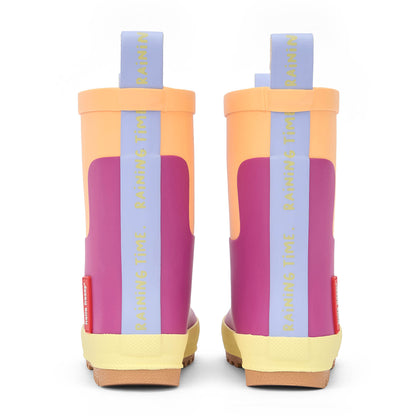 Botas de agua infantiles violetas y naranjas con detalles amarillos Hello Hossy