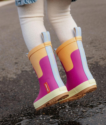 Botas de agua infantiles violetas y naranjas con suela de goma Hello Hossy