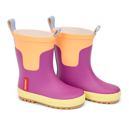 Botas de agua infantiles violetas y naranjas con suela amarilla Hello Hossy