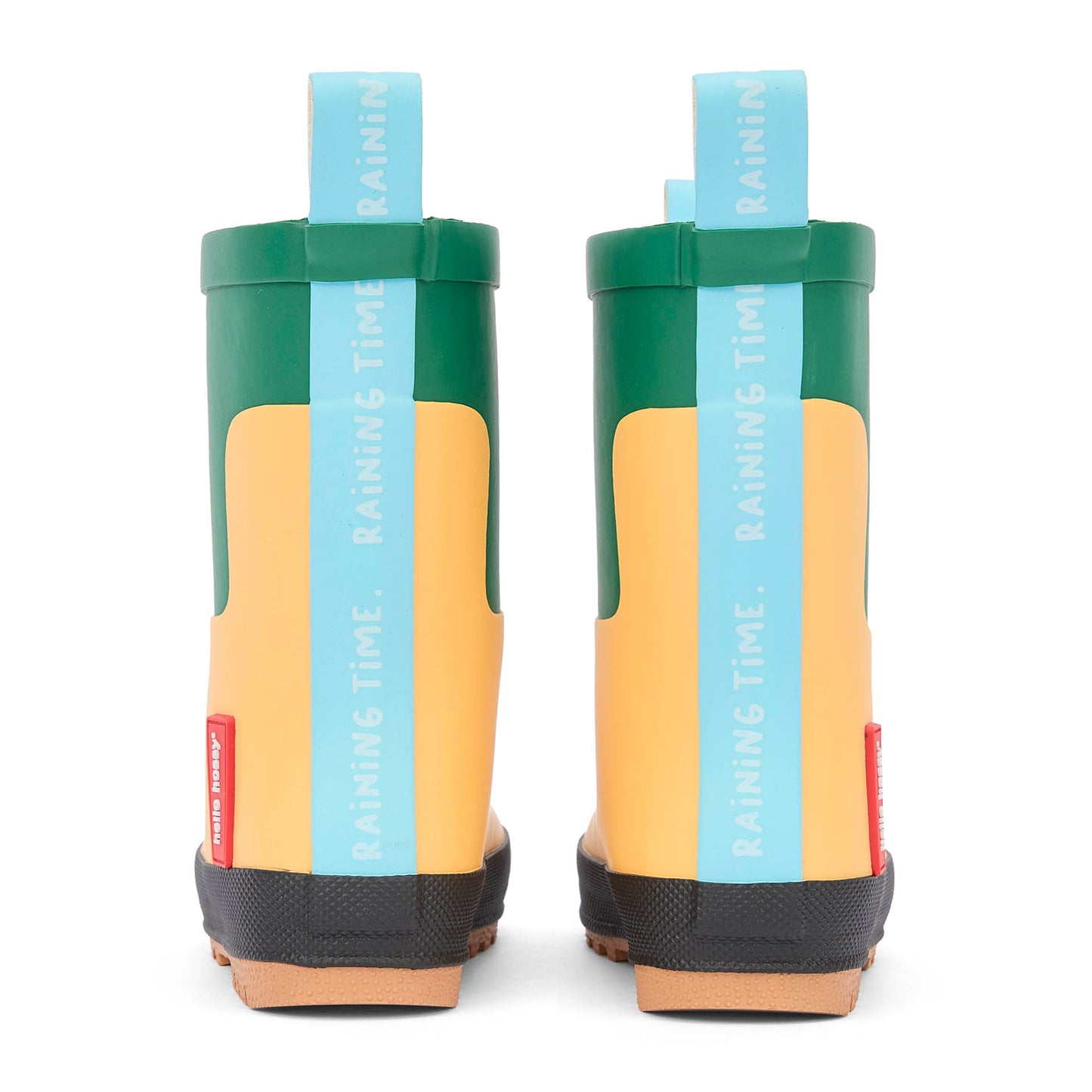 Botas de agua infantiles amarillas y verdes con tirador e inscripción azul Hello Hossy