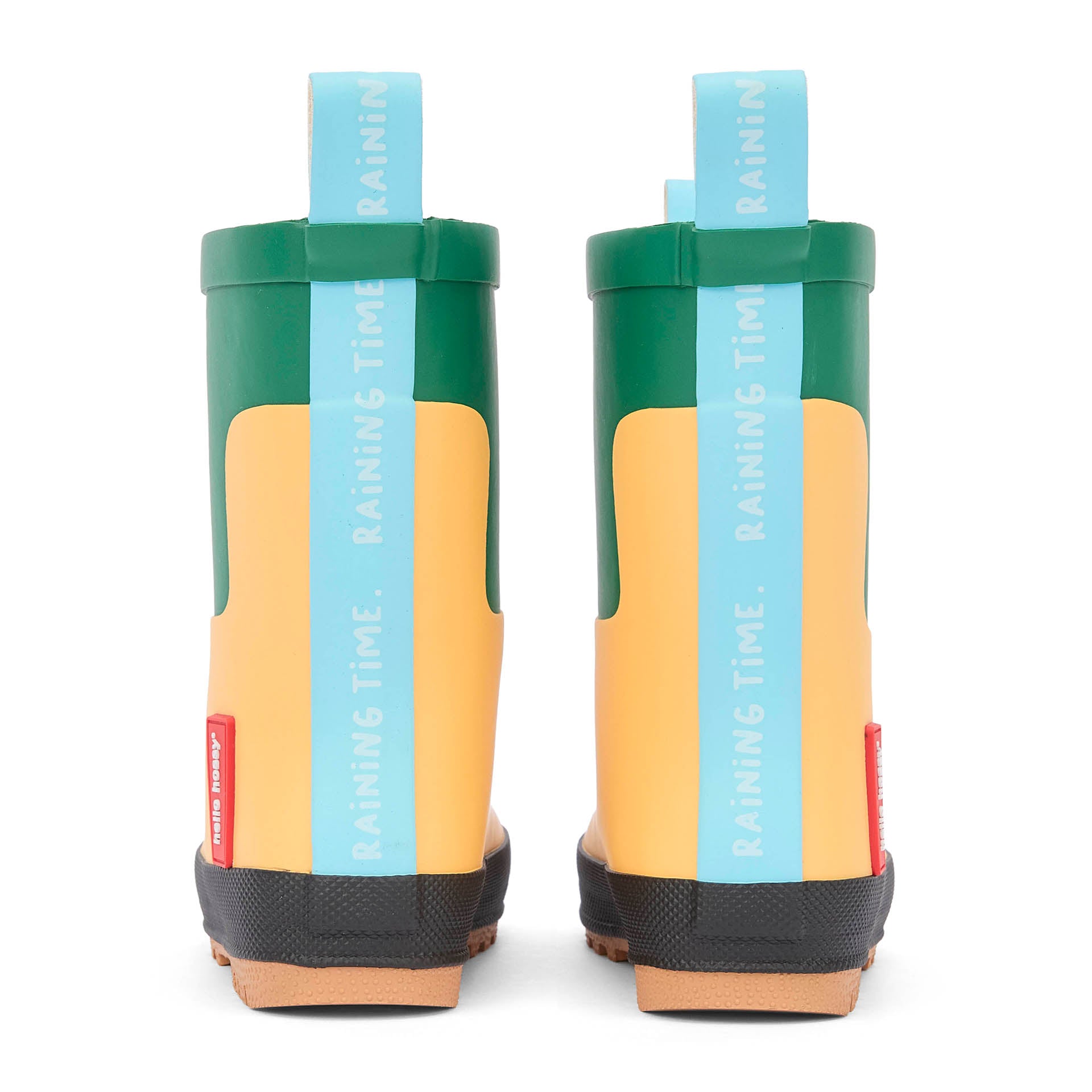 Botas de agua infantiles amarillas y verdes con tirador e inscripción azul Hello Hossy