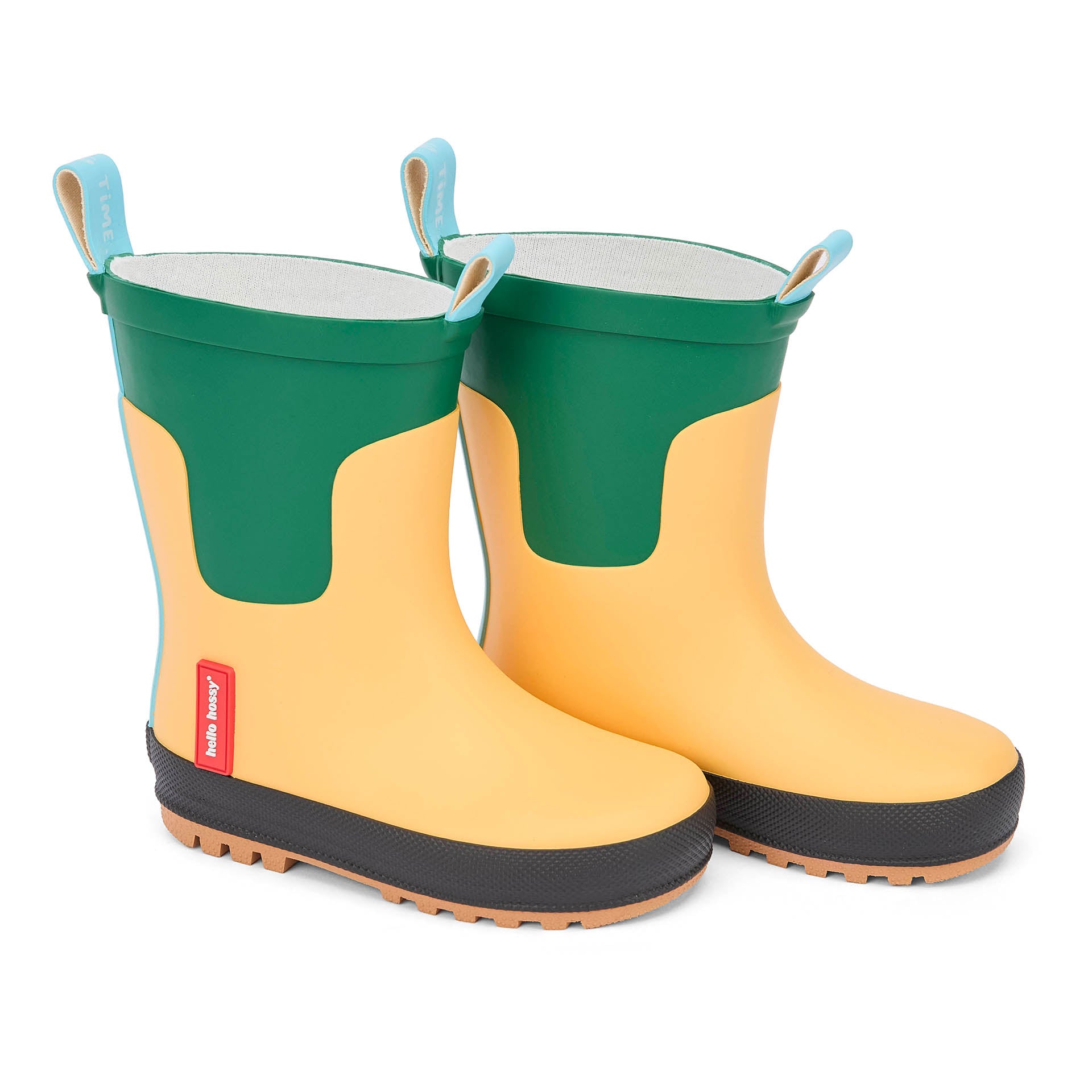 Botas de agua infantiles amarillas y verdes con suela negra y tira azul Hello Hossy