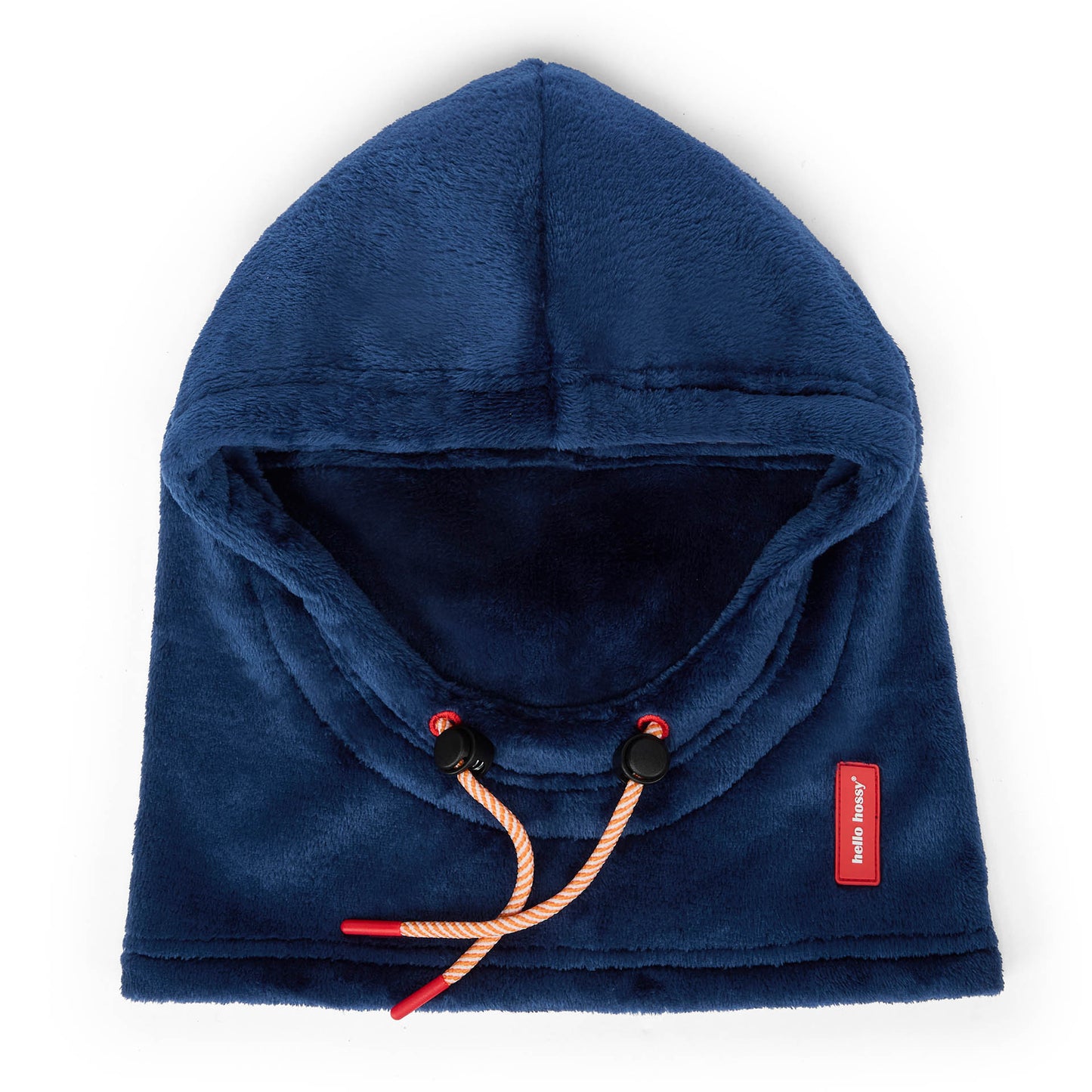Pasamontañas infantil azul de tejido polar con lazos ajustables y etiqueta Hello Hossy