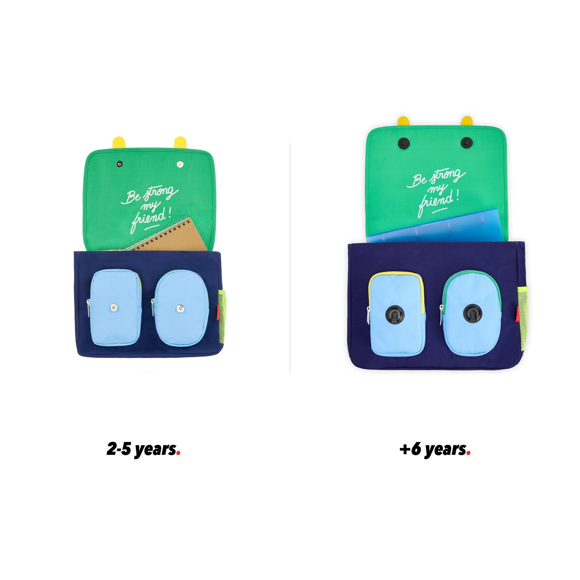 Cartera escolar infantil azul motivo deporte balones naranja vista de frente abierta comparativa 2 tallas Hello Hossy