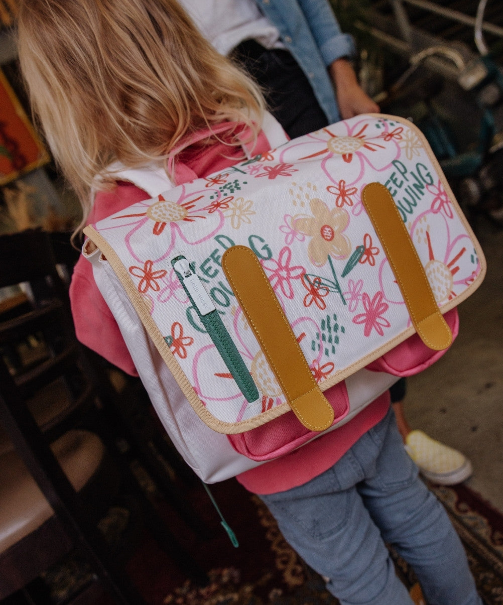 Cartera escolar infantil blanco rosa motivo flores detalles amarillos Hello Hossy