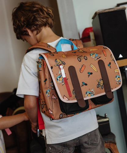 Cartable enfant marron motifs mascotte vélo sangles marron Hello Hossy