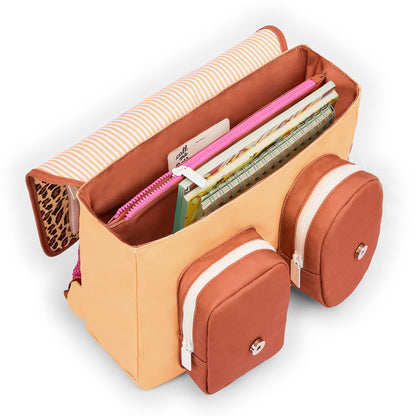 Cartable enfant crème marron imprimé léopard poches devant Hello Hossy