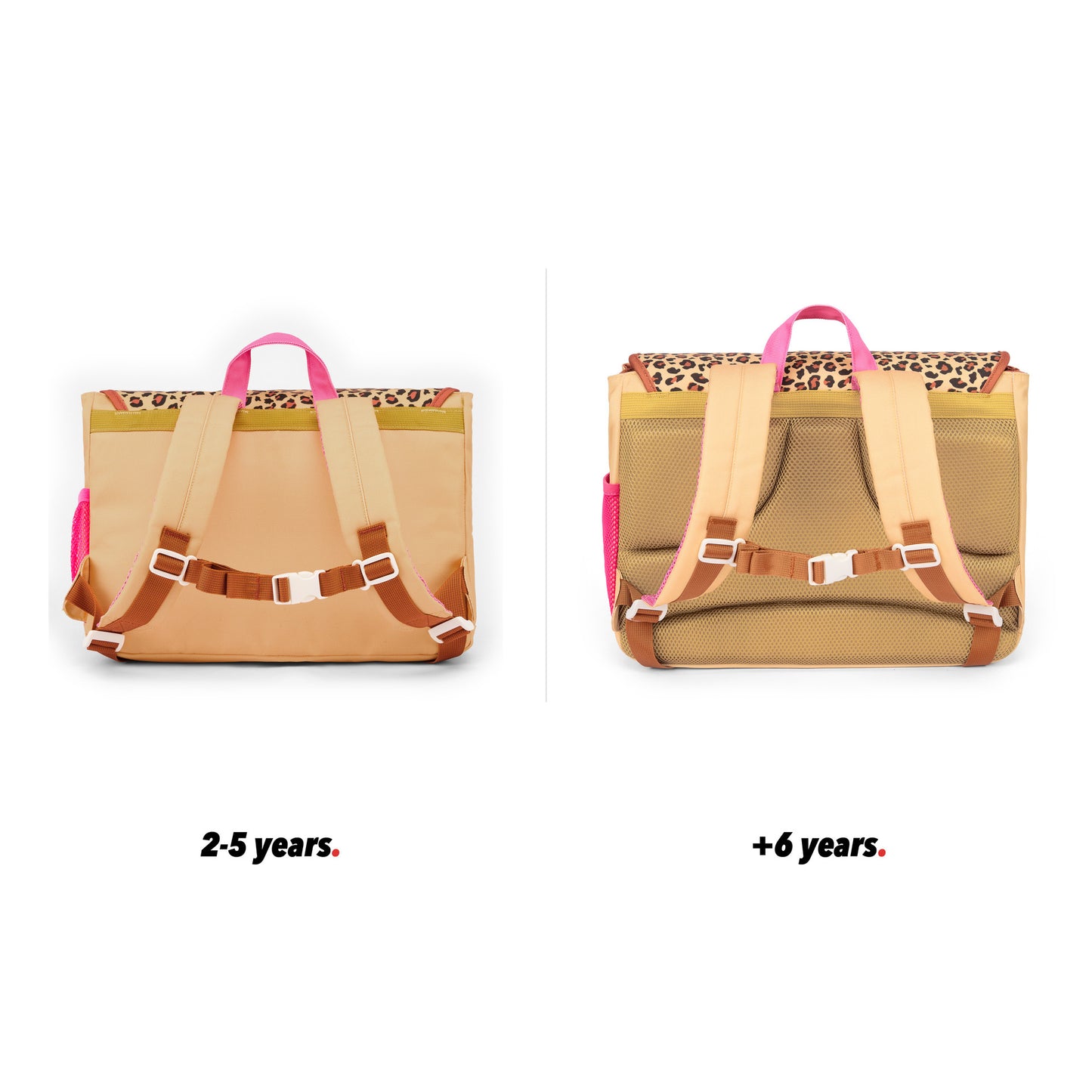 Cartera escolar infantil crema motivo léopard bolsillos vista trasera comparativa 2 tallas Hello Hossy
