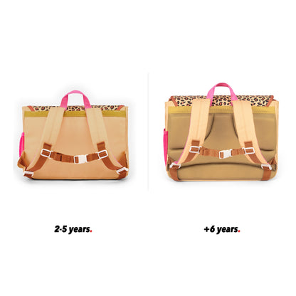 Cartera escolar infantil crema motivo léopard bolsillos vista trasera comparativa 2 tallas Hello Hossy