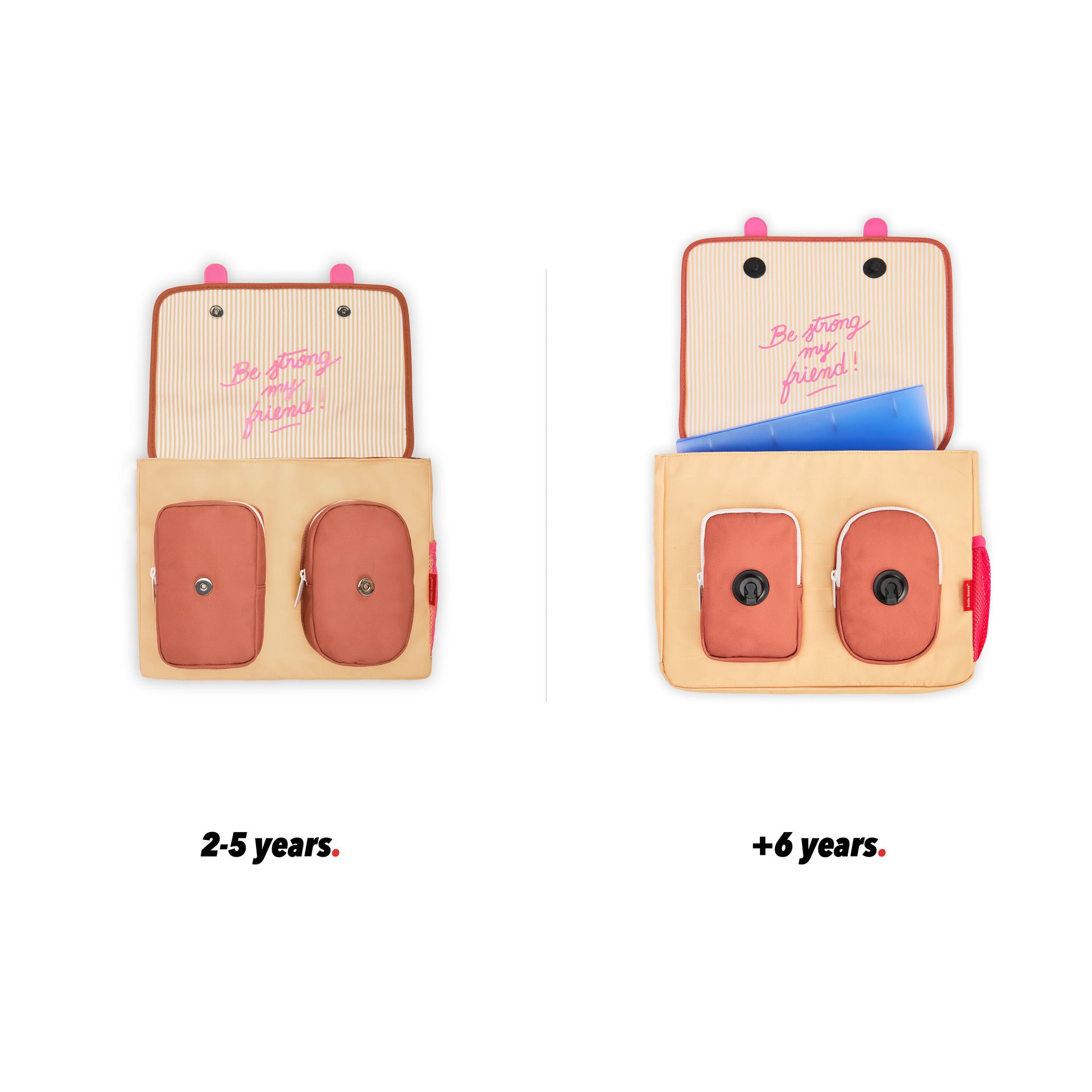 Cartera escolar infantil crema motivo léopard bolsillos vista frontal abierta comparativa 2 tallas Hello Hossy