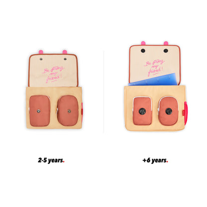 Cartera escolar infantil crema motivo léopard bolsillos vista frontal abierta comparativa 2 tallas Hello Hossy