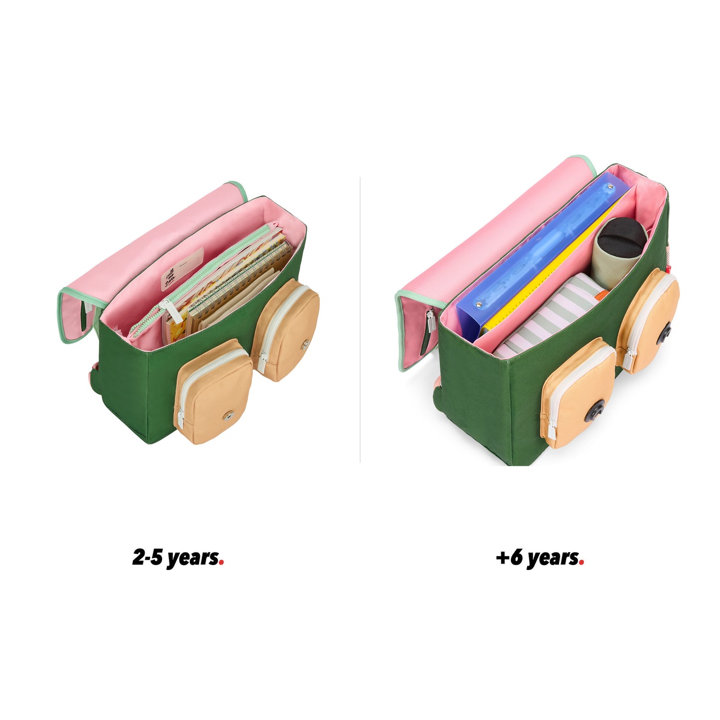 Cartera escolar infantil rosa verde detalles beige bolsillos vista abierta comparativa 2 tallas Hello Hossy