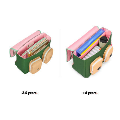 Cartera escolar infantil rosa verde detalles beige bolsillos vista abierta comparativa 2 tallas Hello Hossy