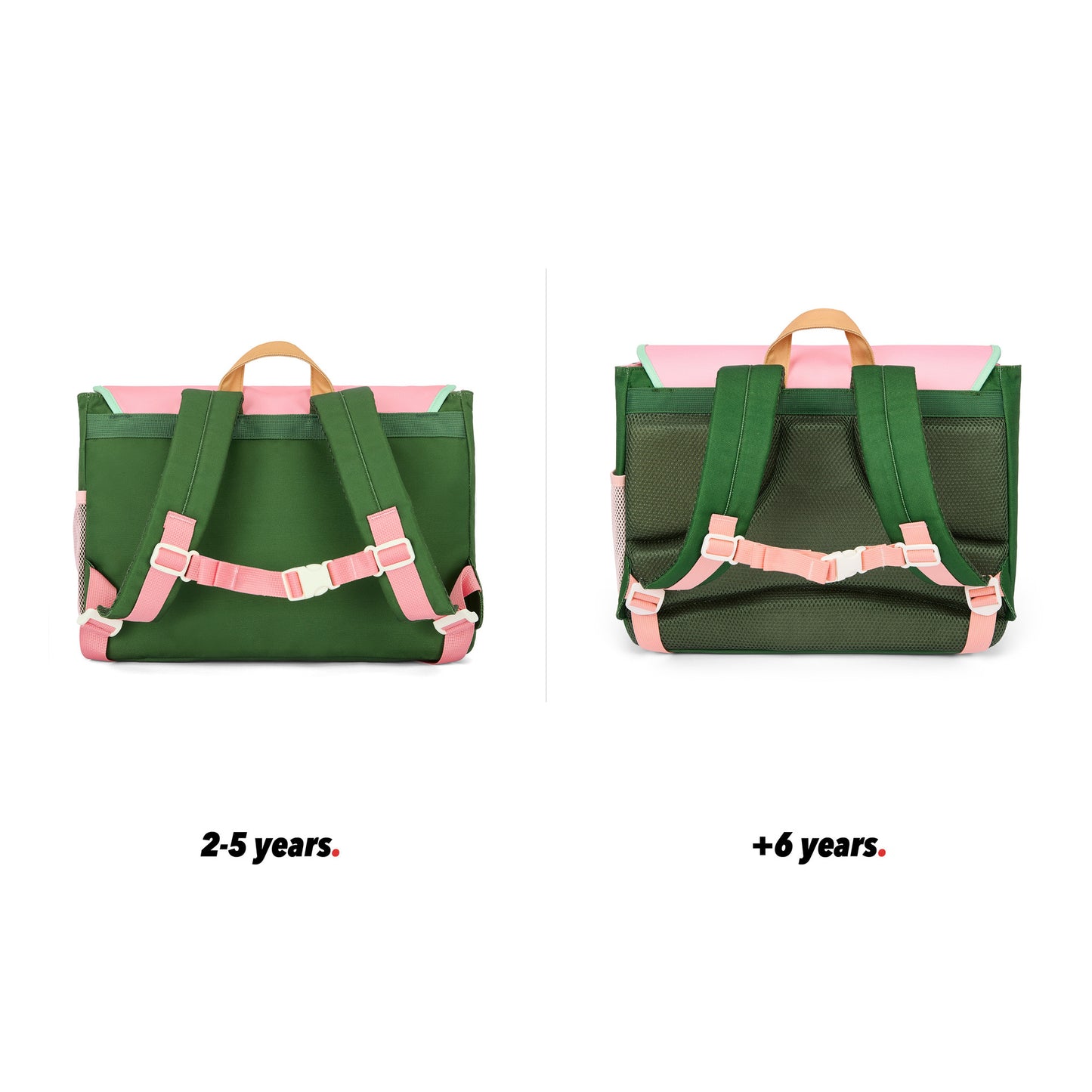 Cartera escolar infantil rosa verde detalles beige bolsillos vista de espalda comparativa 2 tallas Hello Hossy