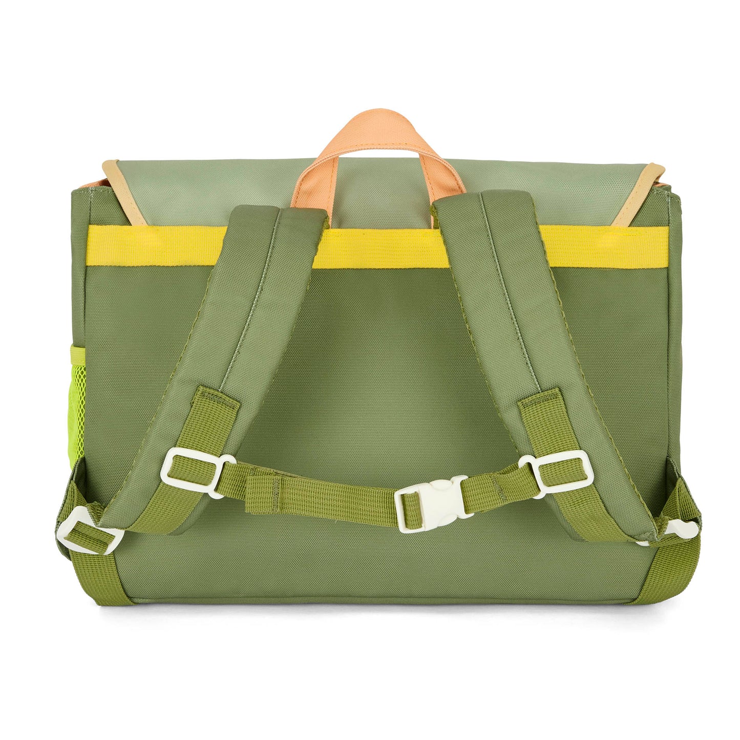 Cartable enfant vert bandoulière réglable détail jaune Hello Hossy