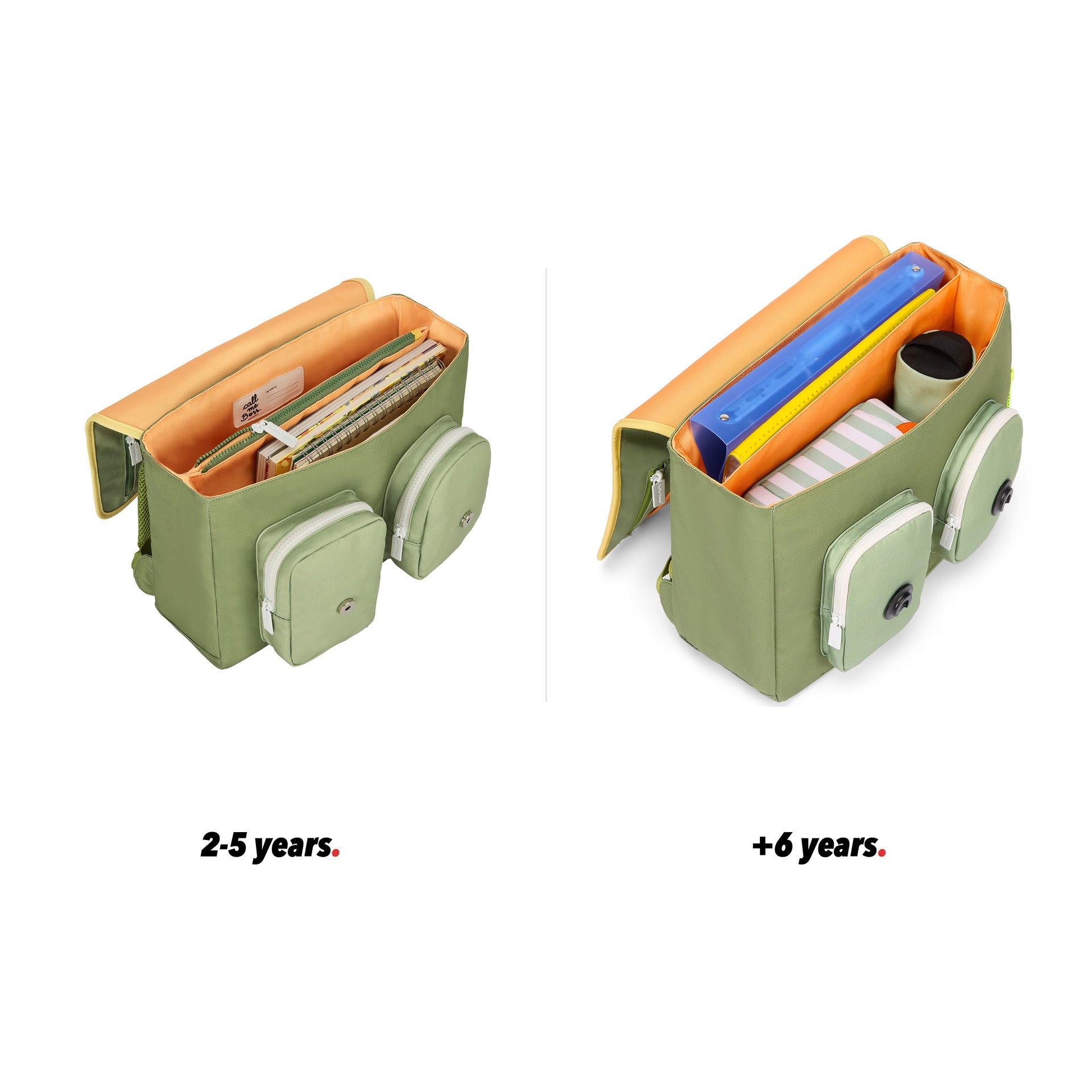 Cartera escolar infantil verde asas marrón bolsillo vista abierta comparativa 2 tallas Hello Hossy