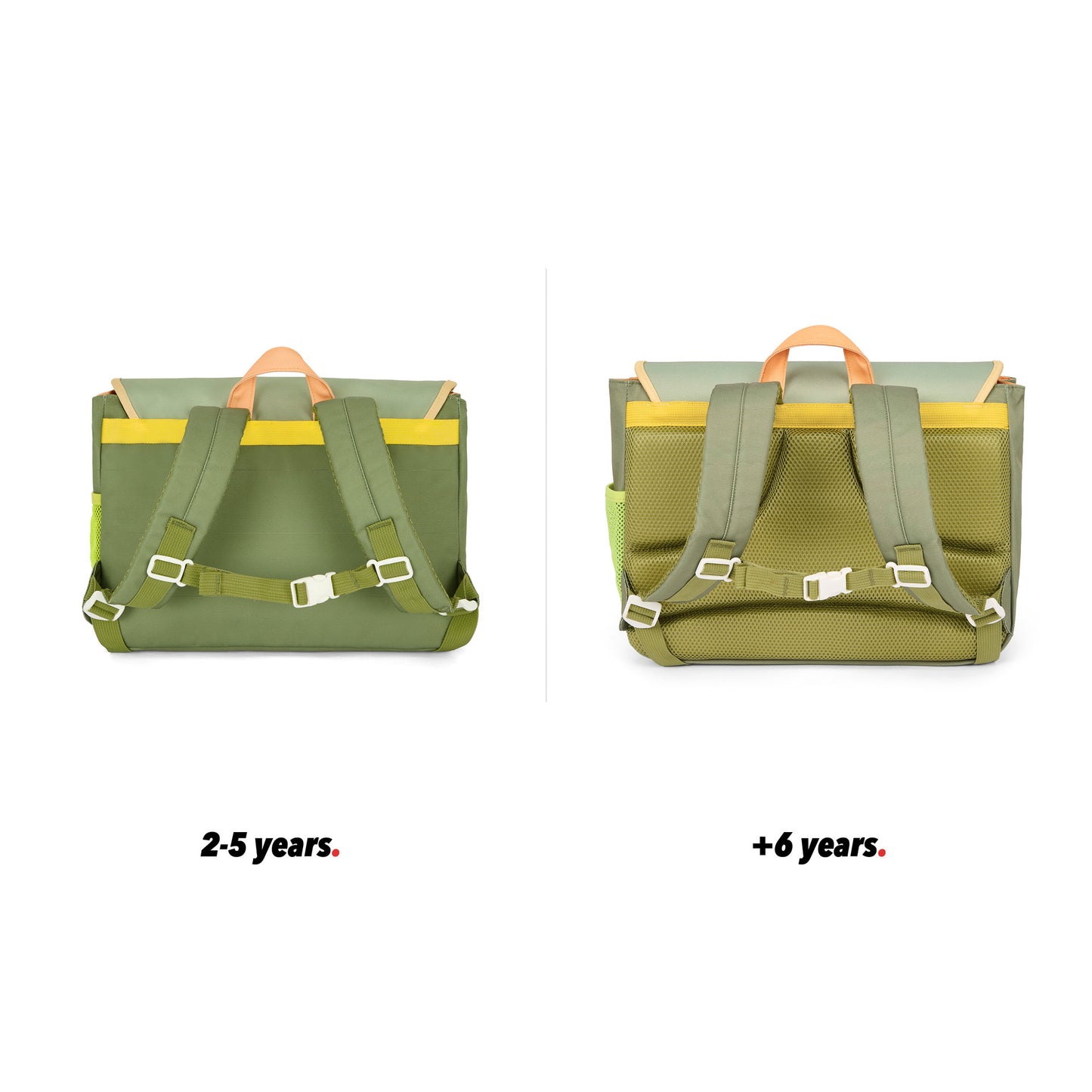 Cartera escolar infantil verde asas marrón bolsillo vista de espalda comparativa 2 tallas Hello Hossy