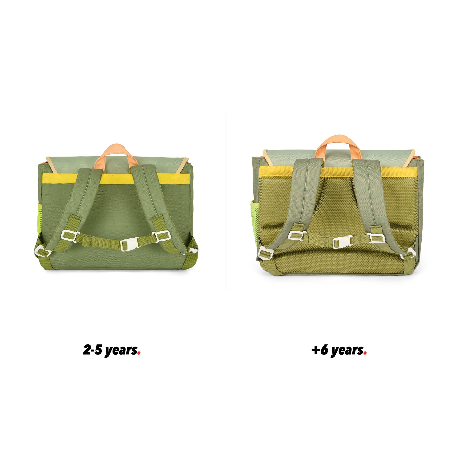 Cartera escolar infantil verde asas marrón bolsillo vista de espalda comparativa 2 tallas Hello Hossy