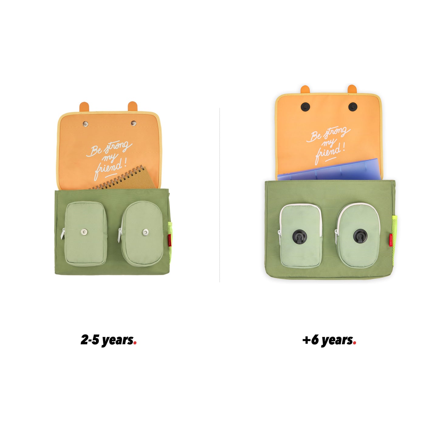 Cartera escolar infantil verde asas marrón bolsillo vista de frente abierta comparativa 2 tallas Hello Hossy