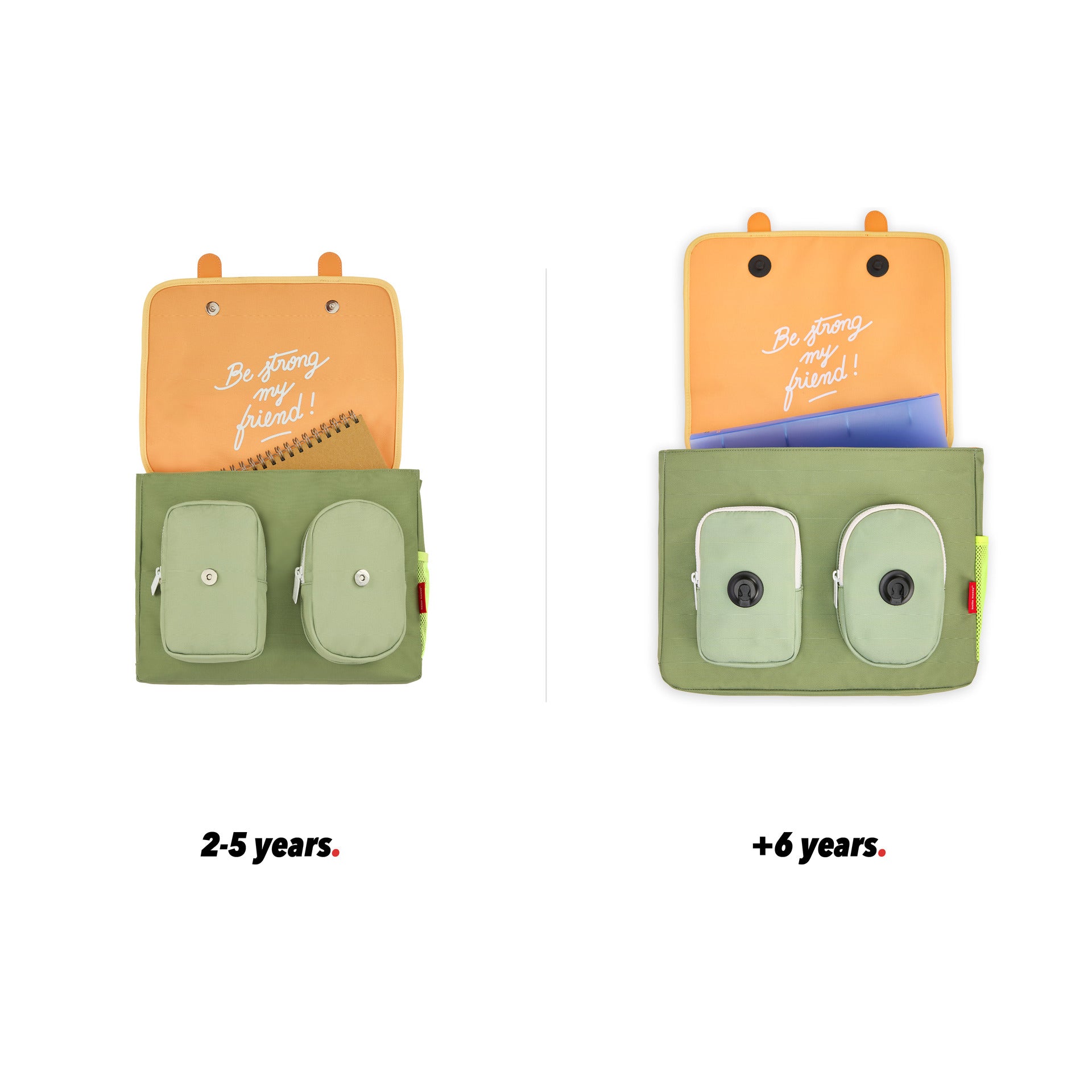 Cartera escolar infantil verde asas marrón bolsillo vista de frente abierta comparativa 2 tallas Hello Hossy