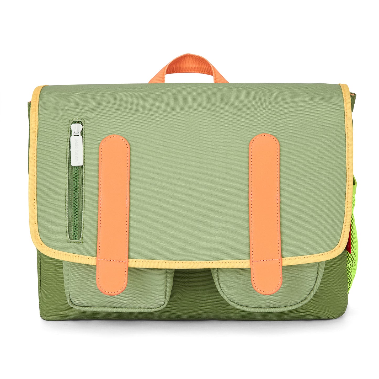 Cartera escolar infantil verde detalles naranja bolsillos delanteros Hello Hossy