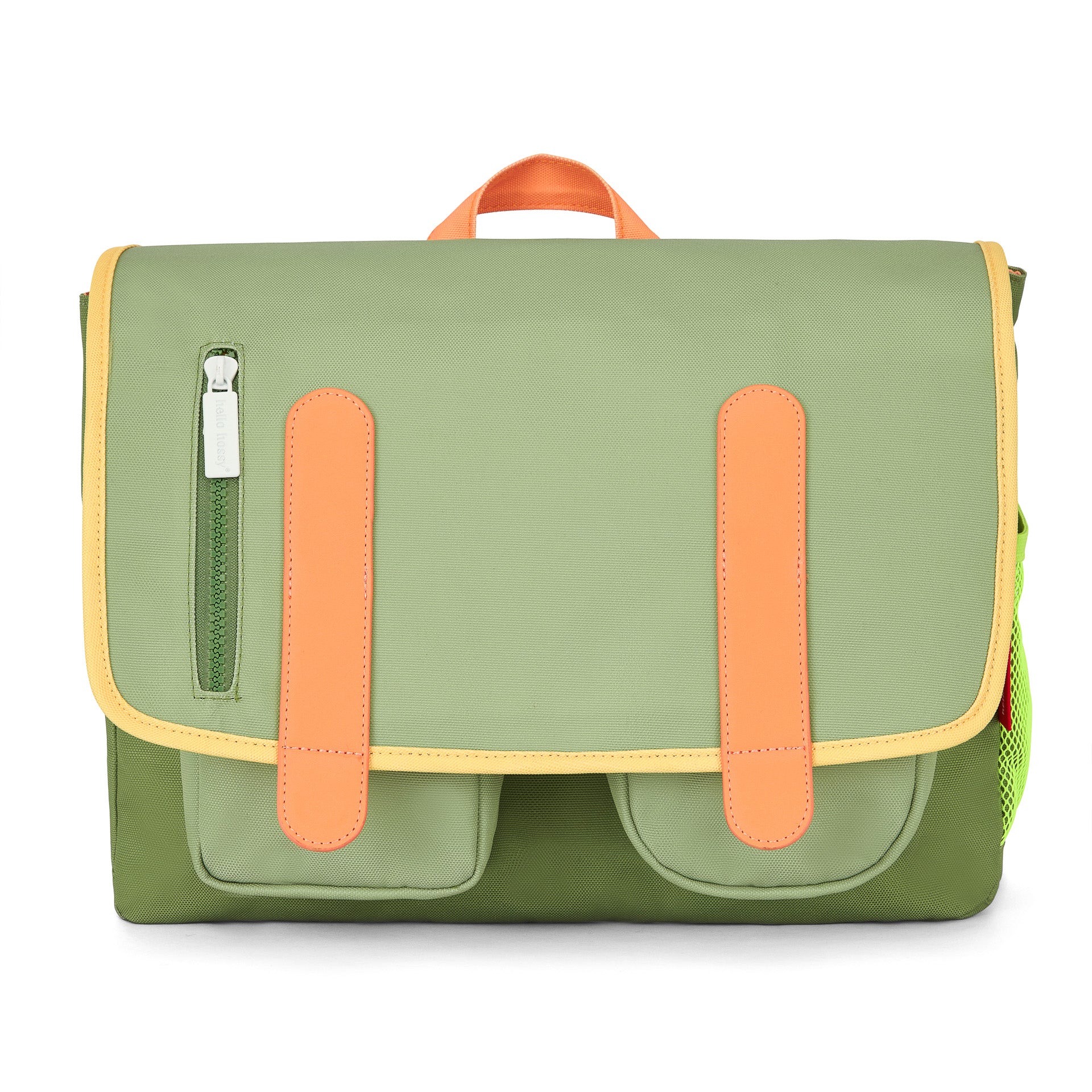 Cartera escolar infantil verde detalles naranja bolsillos delanteros Hello Hossy
