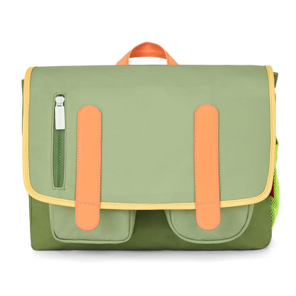 Cartera escolar infantil verde detalles naranja bolsillos delanteros Hello Hossy