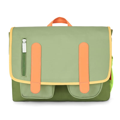 Cartera escolar infantil verde detalles naranja bolsillos delanteros Hello Hossy