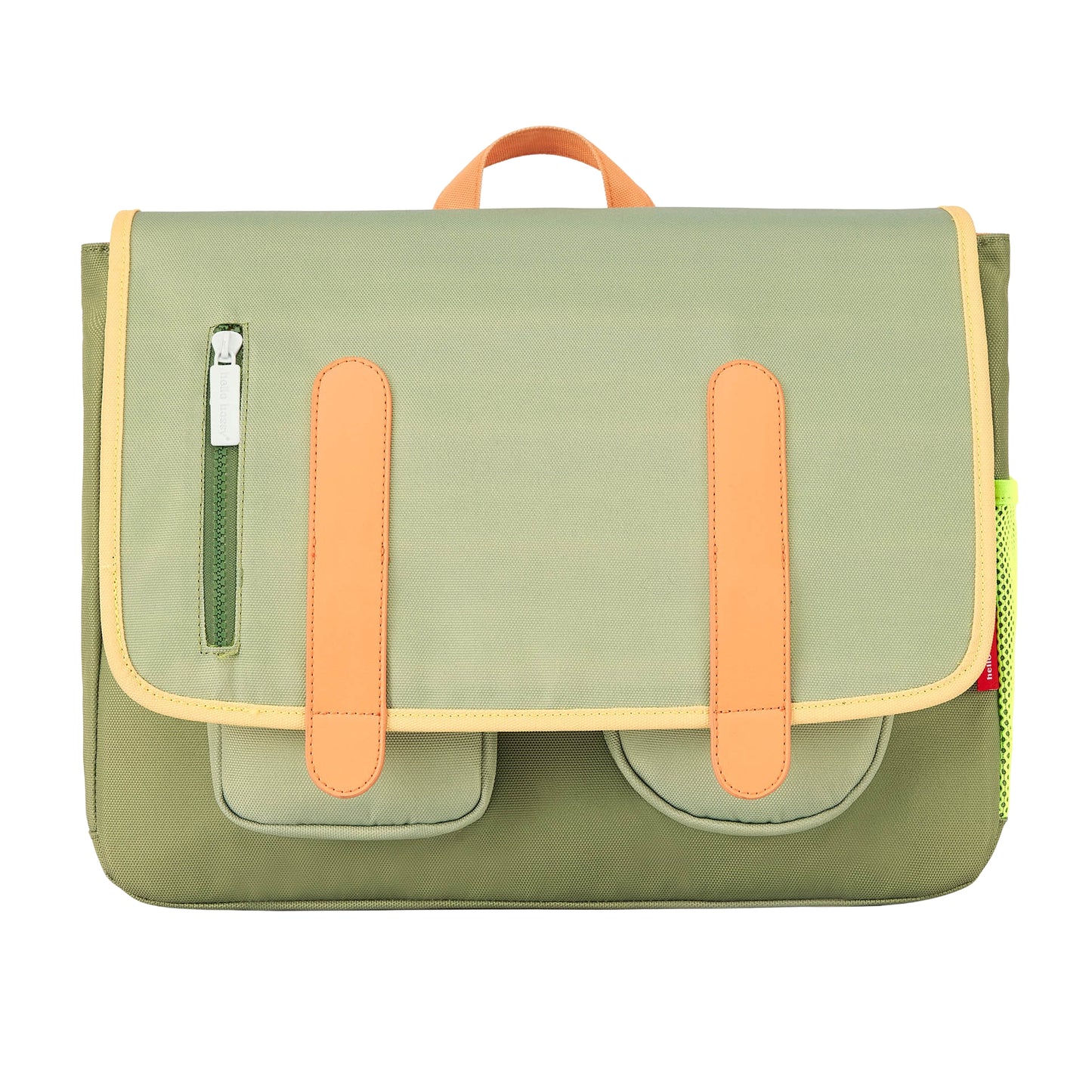 Cartable enfant vert poches multiples détails orange Hello Hossy