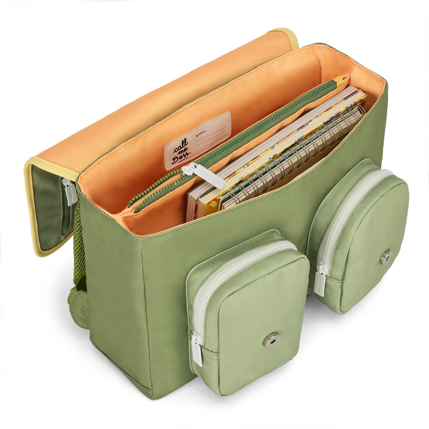 Cartable enfant vert poches avant zippées intérieur orange Hello Hossy