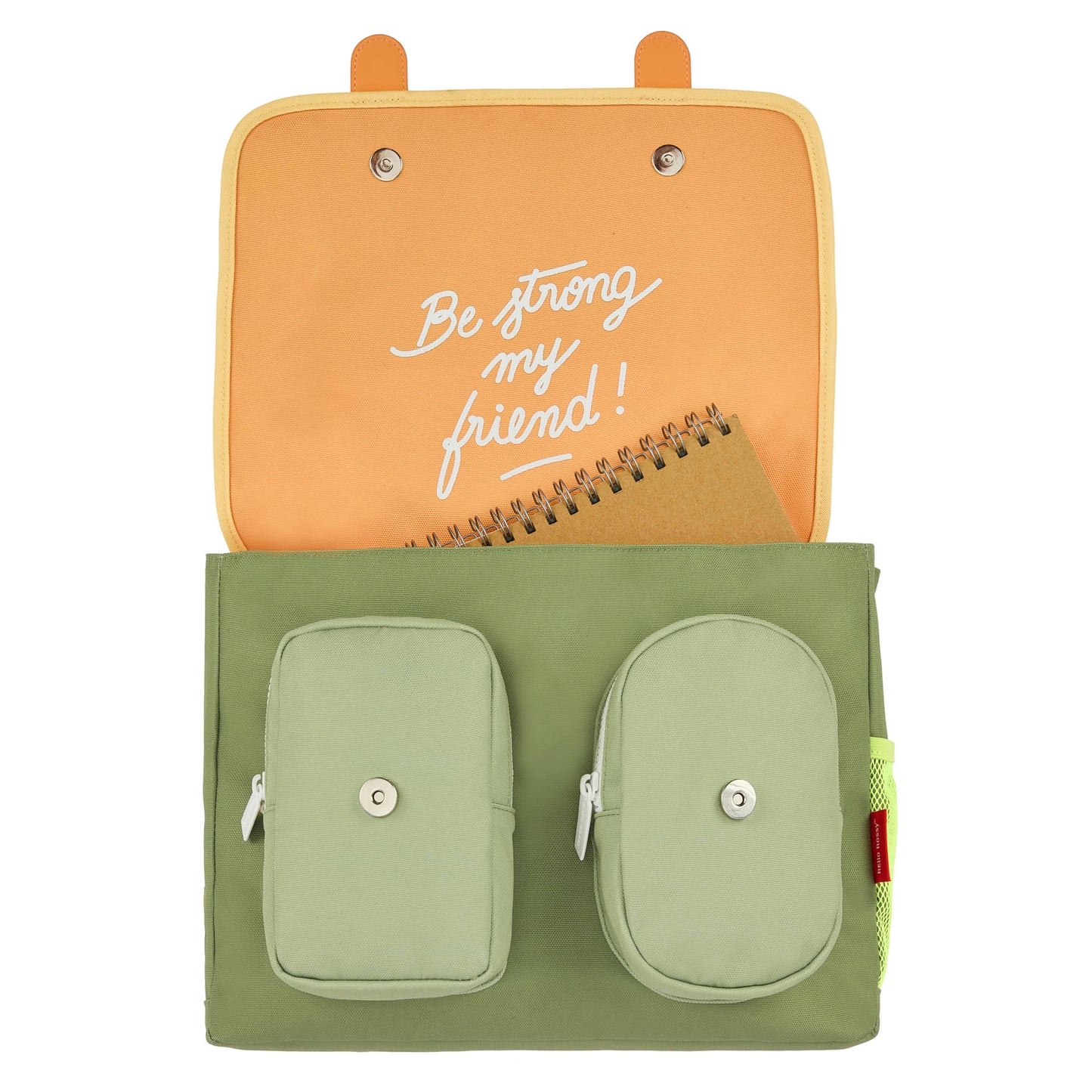 Cartable enfant vert deux poches intérieures message imprimé Hello Hossy