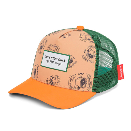 Casquette enfant orange imprimé musique filet vert visière courbée Hello Hossy