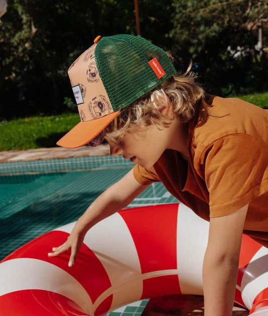 Casquette enfant beige motif musique filet vert visière orange Hello Hossy