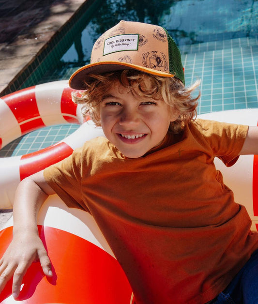 Casquette enfant orange vert visière courbée patch musique Hello Hossy