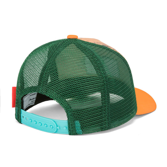 Casquette enfant orange visière courbée filet vert réglable Hello Hossy