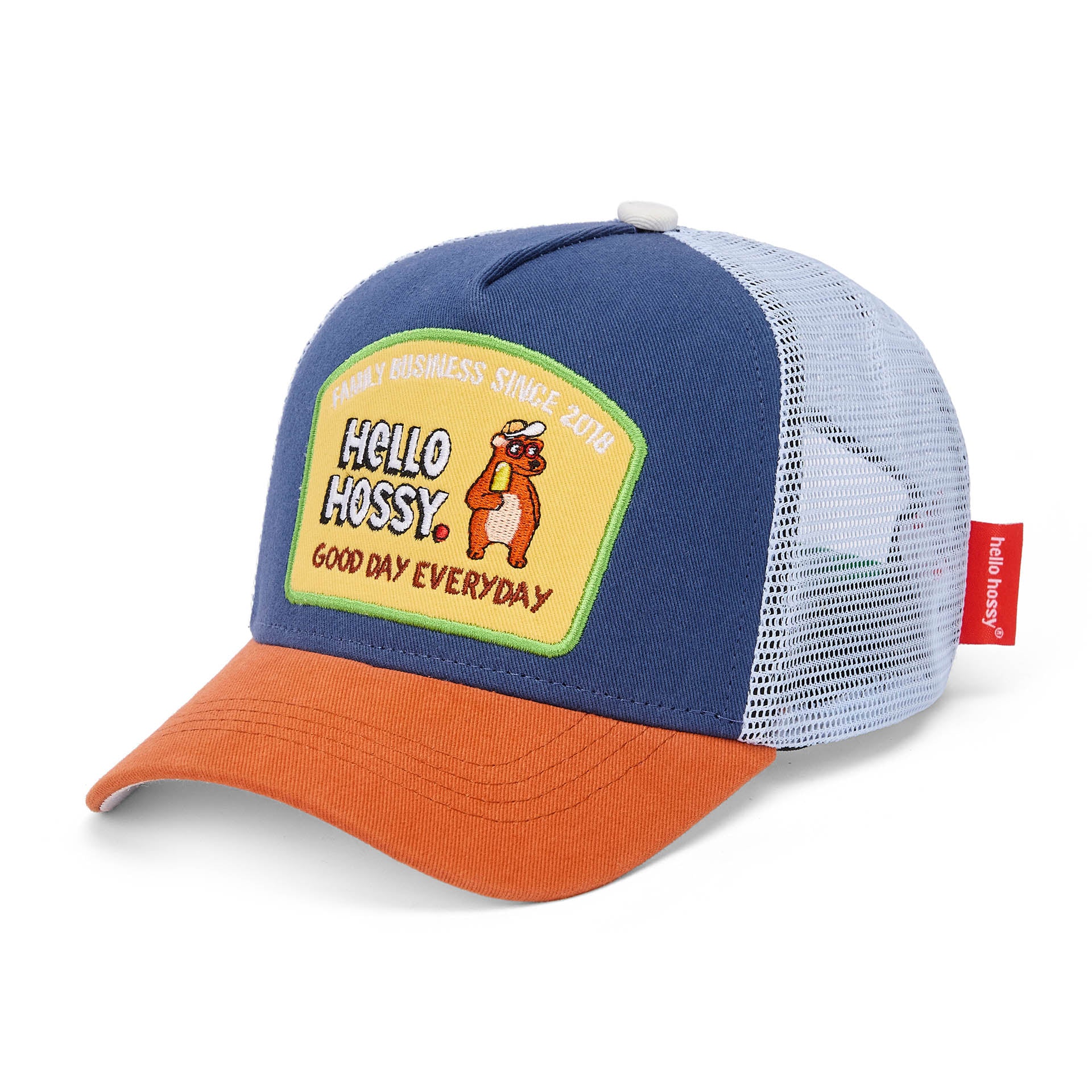Gorra infantil azul visera naranja red trasera Patch Hello Hossy
