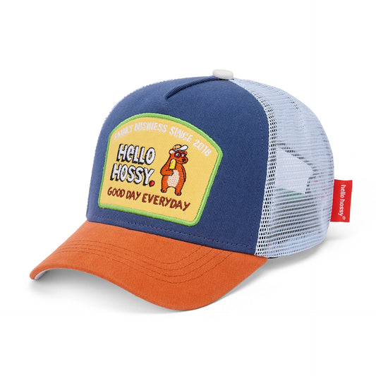 Casquette enfant bleu visière orange filet arrière patch Hello Hossy