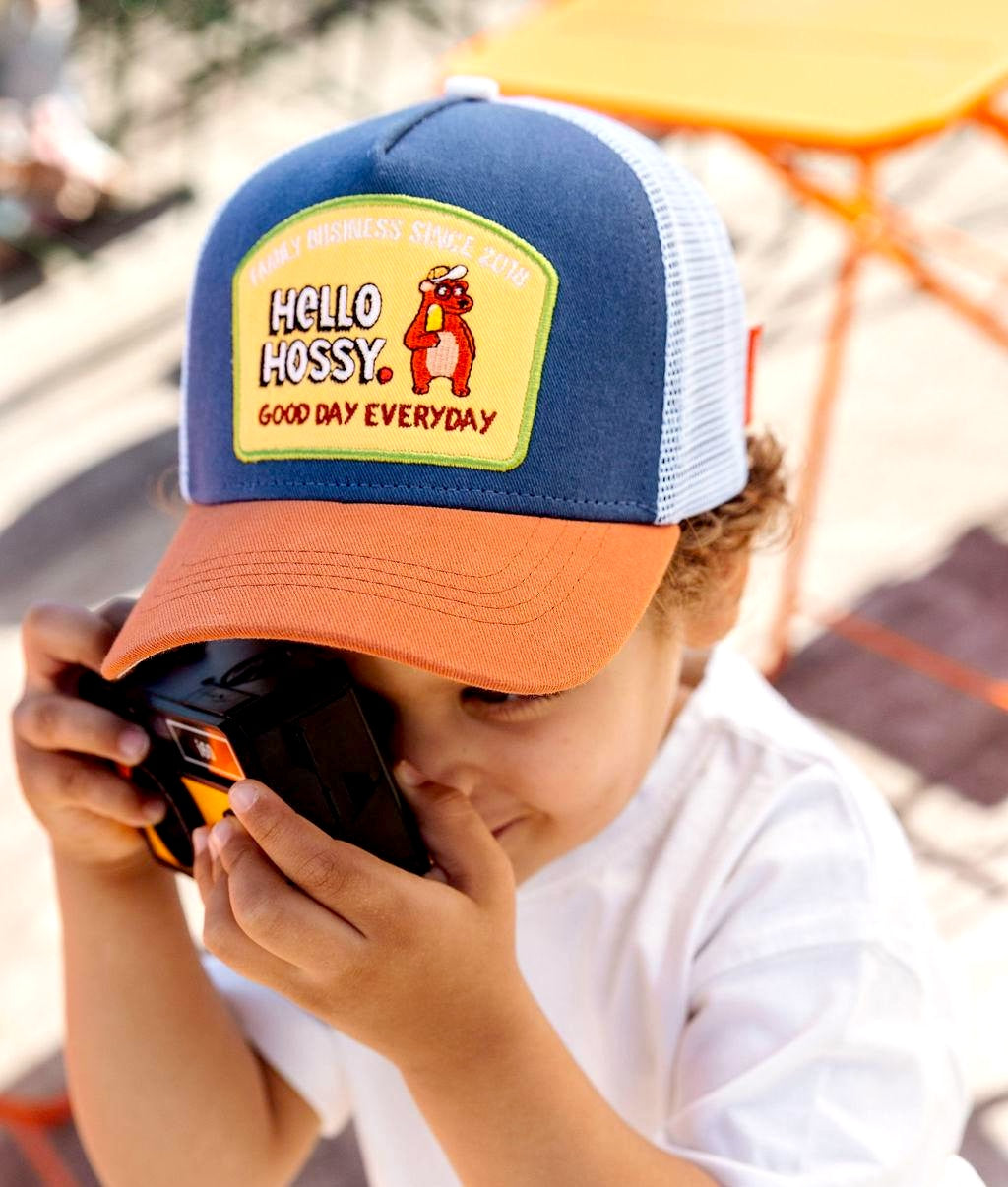 Gorra infantil azul blanco visera naranja Patch animal Hello Hossy