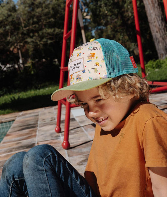 Casquette enfant beige bleu imprimé USA visière courbée Hello Hossy