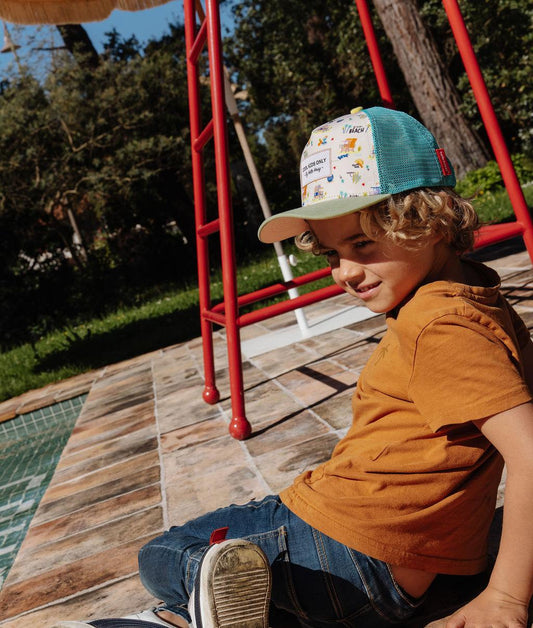 Casquette enfant imprimé USA filet turquoise visière beige Hello Hossy