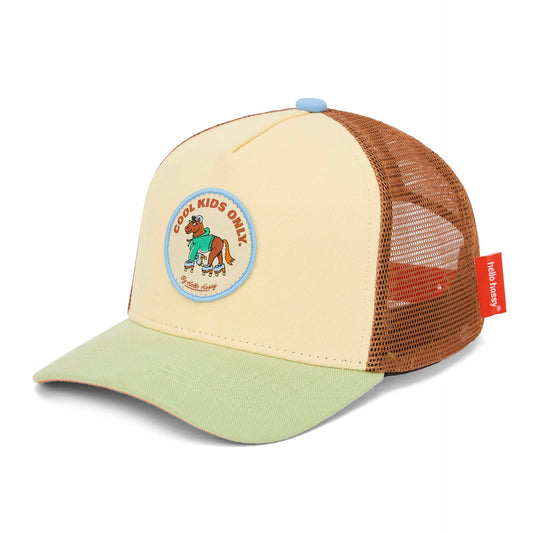 Casquette enfant beige marron vert visière courbée patch animaux Hello Hossy