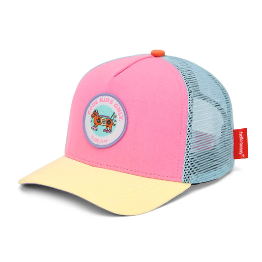 Casquette enfant rose jaune bleu visière courbée patch animaux Hello Hossy