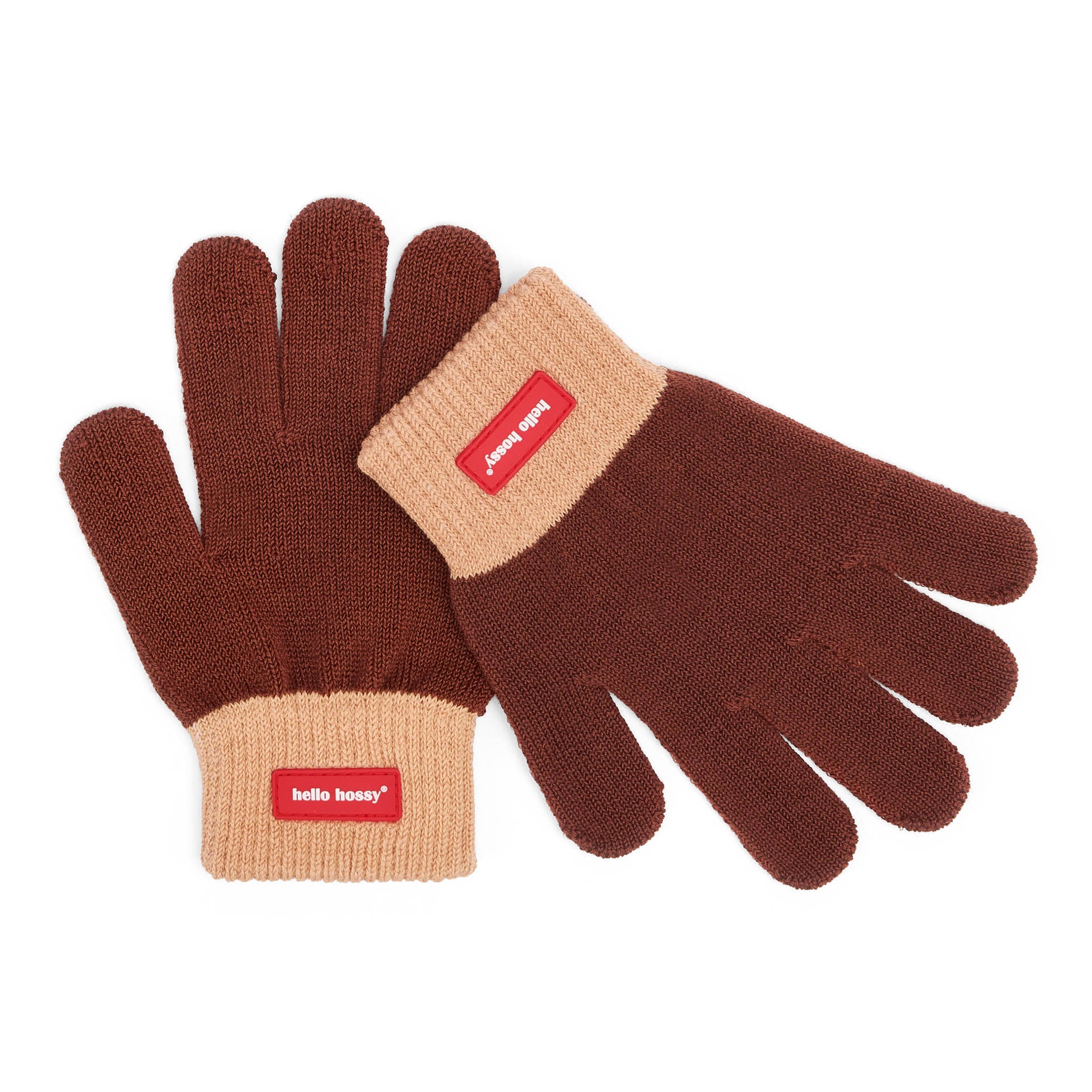 Guantes infantiles marrones con borde Beige, punto fino y etiqueta Hello Hossy