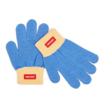 Guantes infantiles azul y Beige con elásticos y etiqueta Hello Hossy
