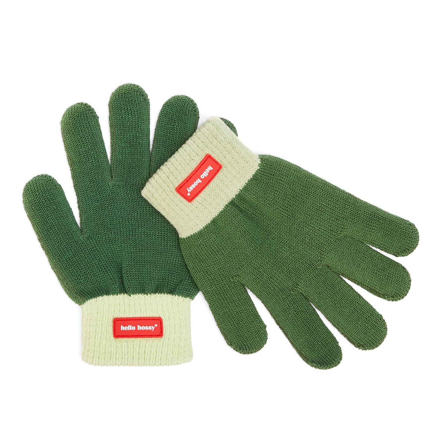 Guantes infantiles verdes con puños crema y etiqueta roja Hello Hossy