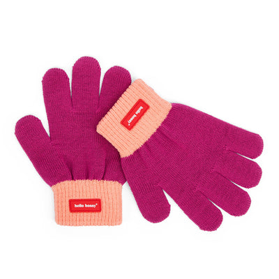 Guantes infantiles violetas con borde naranja y etiqueta Hello Hossy Hello Hossy