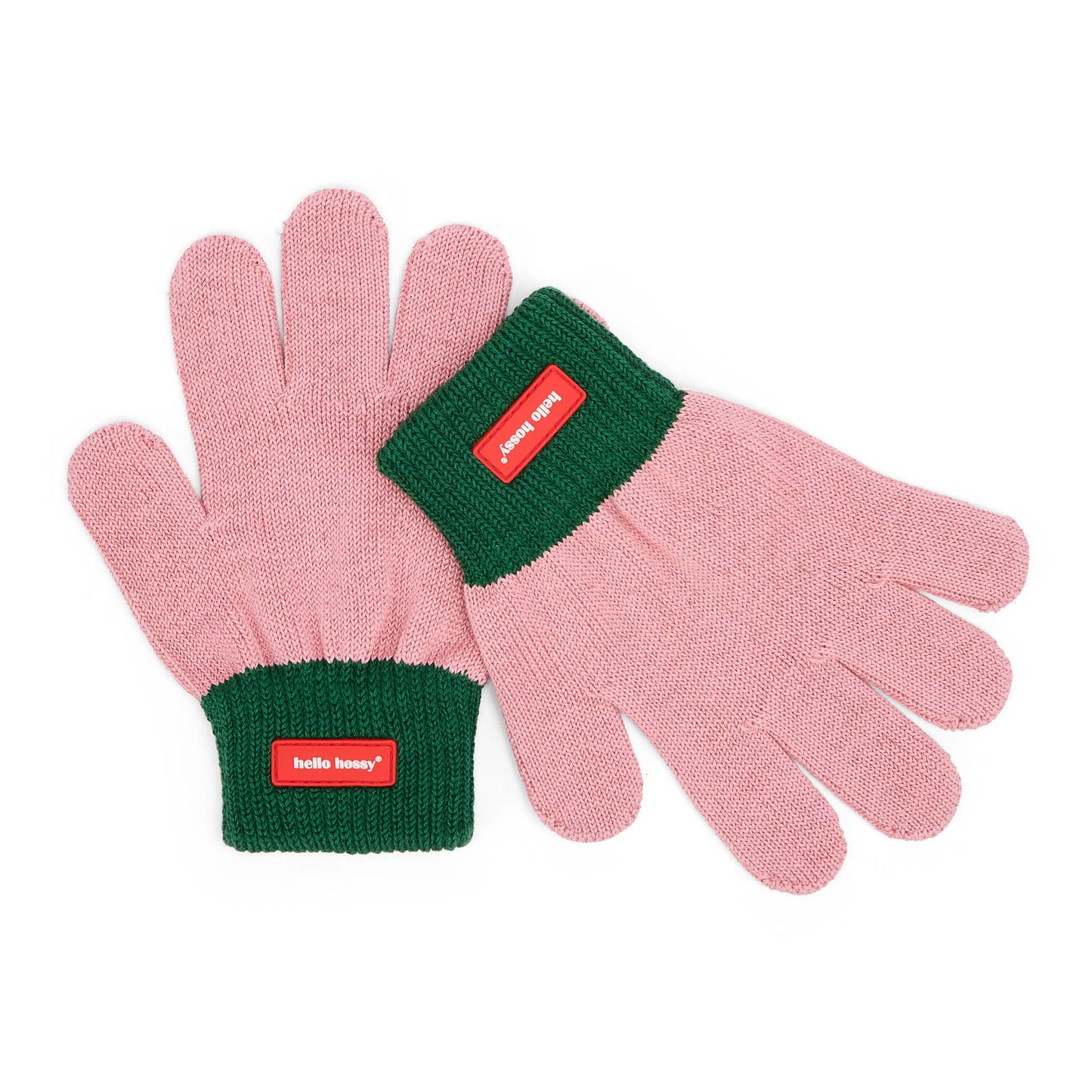 Guantes infantiles bicolor rosa y verde con etiqueta roja Hello Hossy